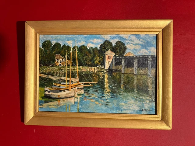 Ancienne peinture signée, scène de marine, bateaux, paysage