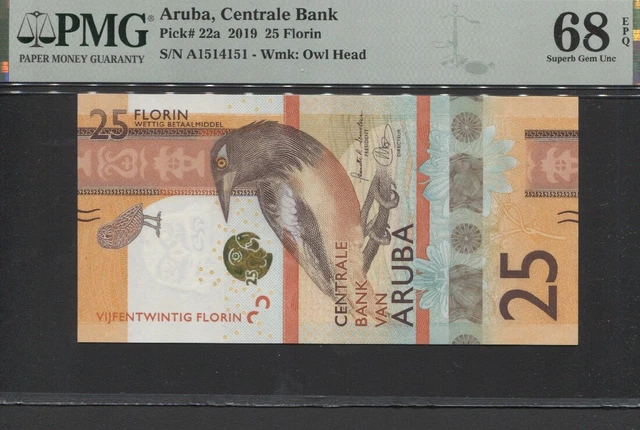 TT PK 22a 2019 ARUBA CENTRALE BANK 25 FLORIN PMG 68 EPQ SUPERB GEM UNCIRCULATED!