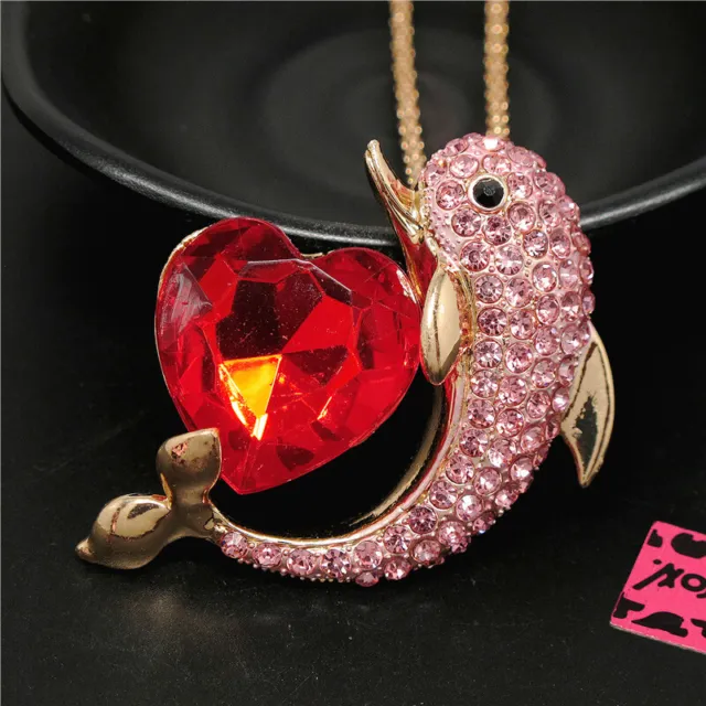 Fashion Women Cute Pink Rhinestone Heart Dolphin Crystal Pendant Chain Necklace