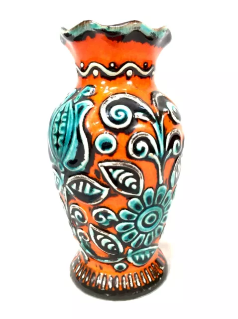 Vintage Bay West German Pottery Vase / Orange & Turquoise / Retro 1970s