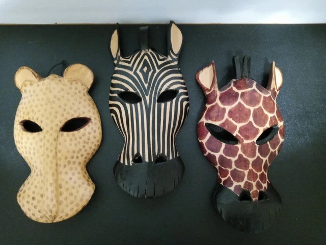 Wooden Hand Carved Animal Masks Wall Art Kenya Africa Set of 3