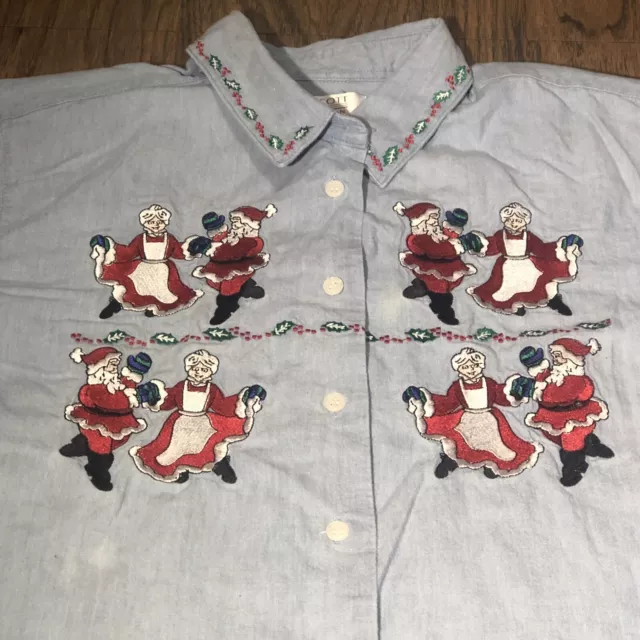 Karen Scott Denim Shirt Womens L Embroidered  Holiday Santa Mrs Claus Christmas