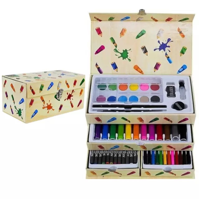 Kids Artist Set 54 Pc's In A Box With Drawers Crayon Paints Pens Pencils