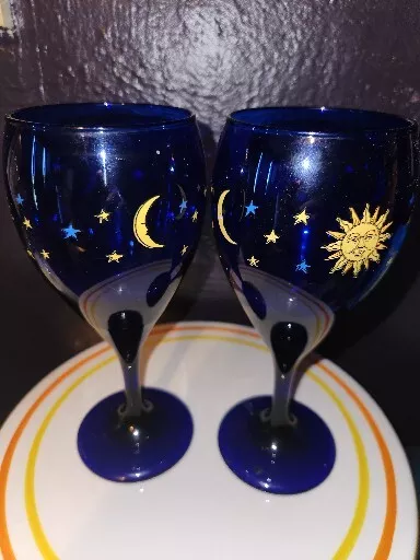 Vintage Libby celestial cobalt blue wine glasses 2 stemmed Goblets moon sun star