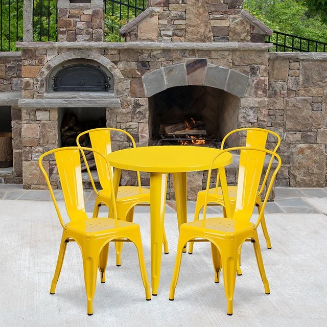 Commercial Grade 30" Round Yellow Metal Indoor/Outdoor Table Set w/4 Cafe Chairs