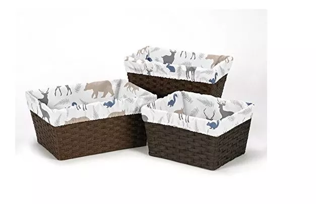 Sweet Jojo Designs 3-Piece Fits Most Basket Liners for Blue Grey and White Wood