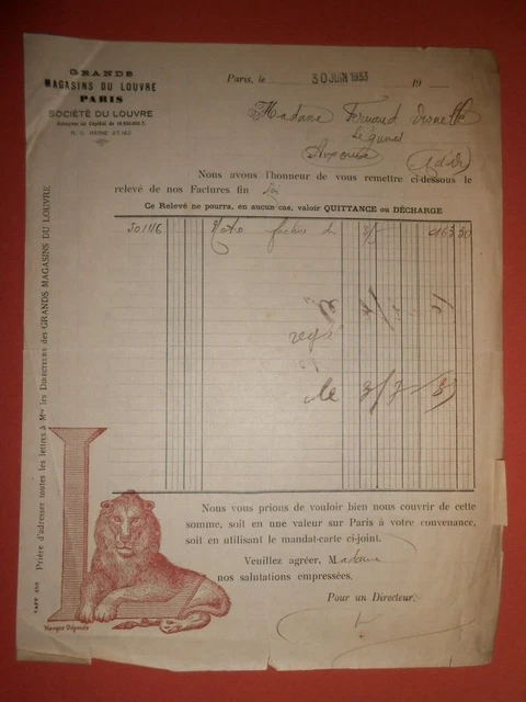 Facture Ancienne 1933 – Grands Magasins Aux Deux Passages Lyon (document D'époque)