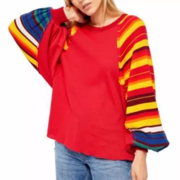 NWT Free People Red Rainbow Dreams Batwing Balloon Sleeve Knit Top Size XS Red