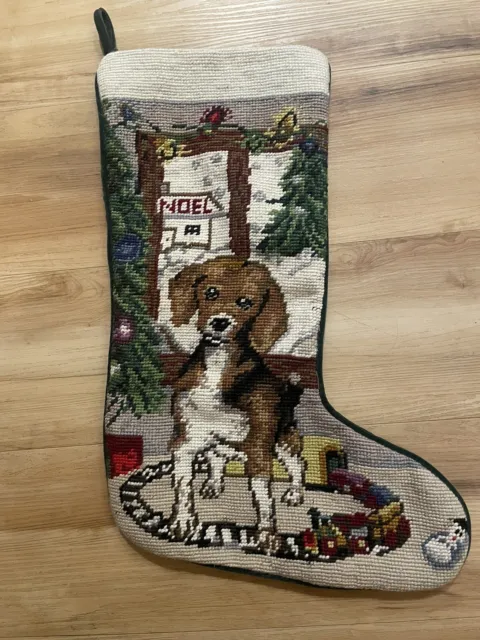 VTG  Dachshund Dog Needlepoint Christmas Stocking Wool Green Velvet Noel Train