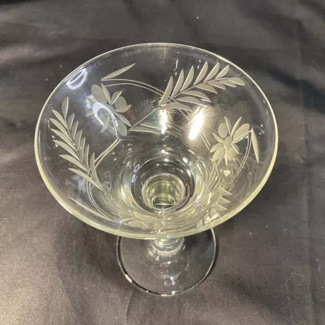 2 French Etched Cocktail Saucer Cup Glass Bar Wine Vintage Flower Leaf Beautiful 3