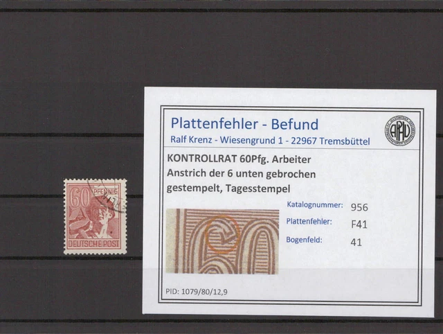 KONTROLLRAT 1947 PLATTENFEHLER Nr 956 F41 gestempelt (215815)