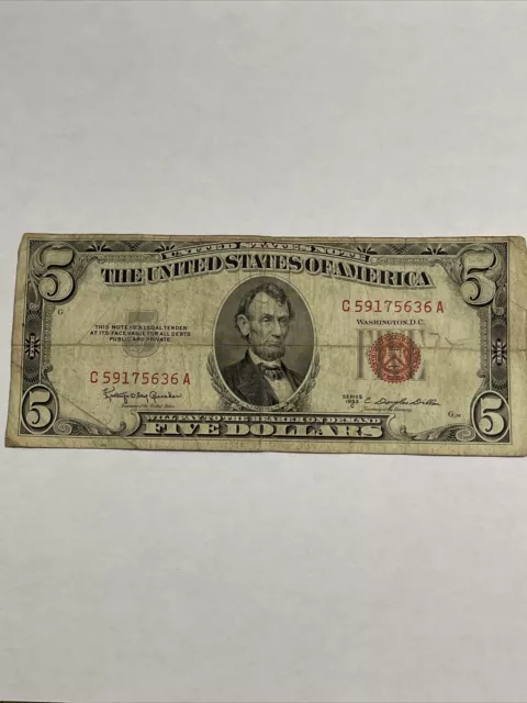 1953 Five Dollar RED Seal Note United States Note Old US Bill $5