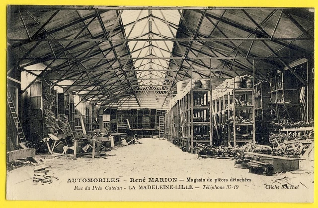 cpa Rare LA MADELEINE LILLE Magasin de Pièces GARAGE AUTO Voiture RENÉ MARION
