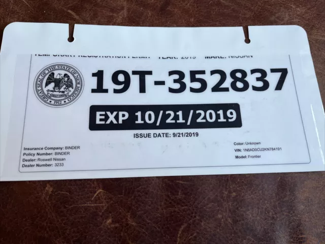 New Mexico Temporary License plate Permit tag 2019. Nissan 19T 352837