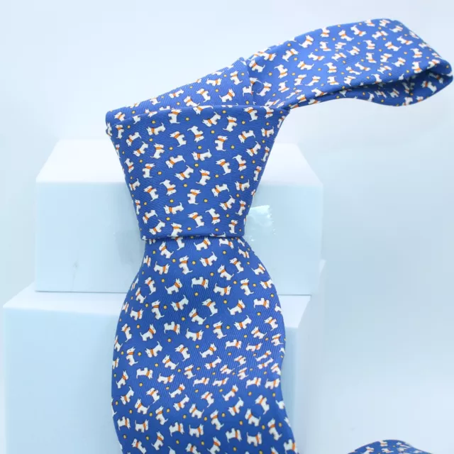 New Salvatore Ferragamo Mens Tie Blue 100% silk puppy pattern With Box A1237