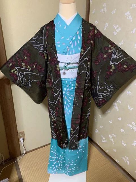 Antique Long Coat Kimono Meisen Haori String Pure Silk Lining Pongee Height 94 2