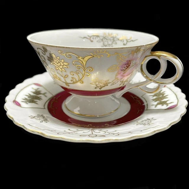 Vintage 1960s Ucagco Fine China Japan Cup & Saucer Set Raspberry Gold White Rare