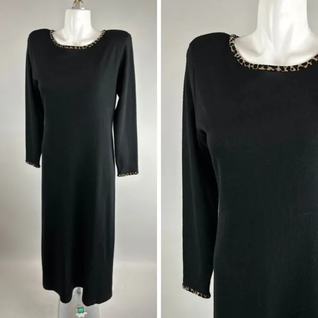 Vtg 90s Carole Little Black Knit Leopard Trim Long Sleeve Maxi Dress Size Medium
