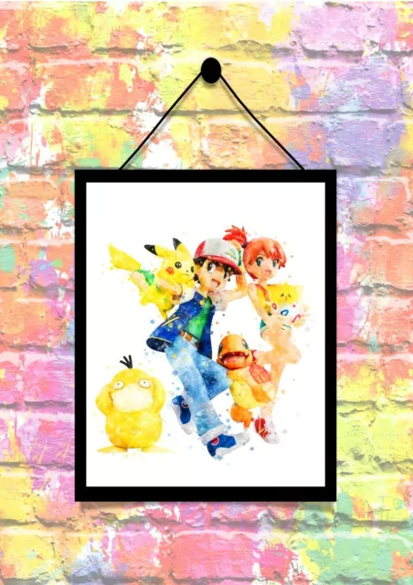BUY 2 GET 1 FREE - Pokemon - Ash Pikachu Watercolour Print Wall Art Poster A4