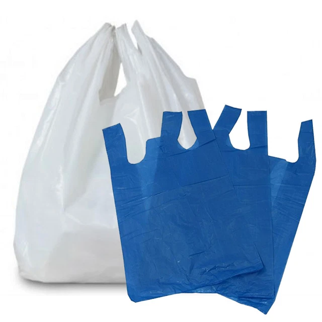 Plastic Vest Carrier Bags Blue Or White *All Sizes* - Supermarkets Stalls Shops