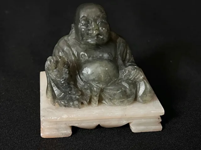 Vintage Miniature Chinese Hand Carved Green Jade Buddha on White Soapstone Base