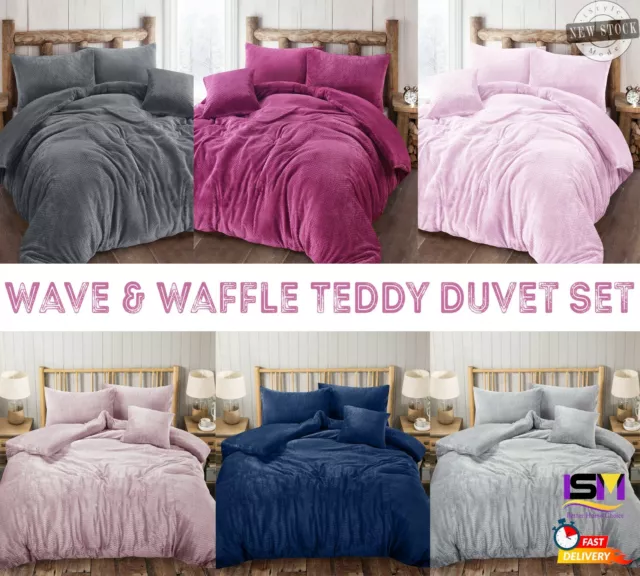 TEDDY BEAR WAVE & WAFFLE FLEECE Duvet Cover Set Soft Cozy Bedding All Sizes