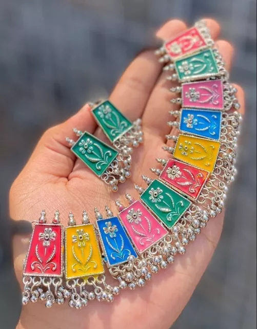 Oxidised German Silver Plated Indian Afghani Multi Enamel Necklace Set