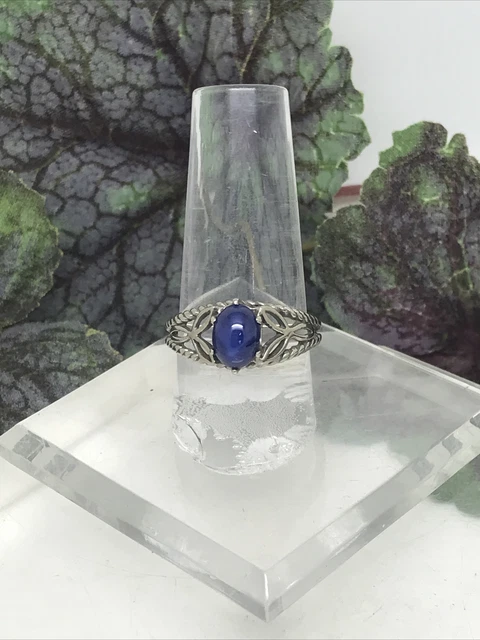 Blue Linde Star Sapphire Solitaire Openwork 925 Sterling Silver Size 8 Ring H