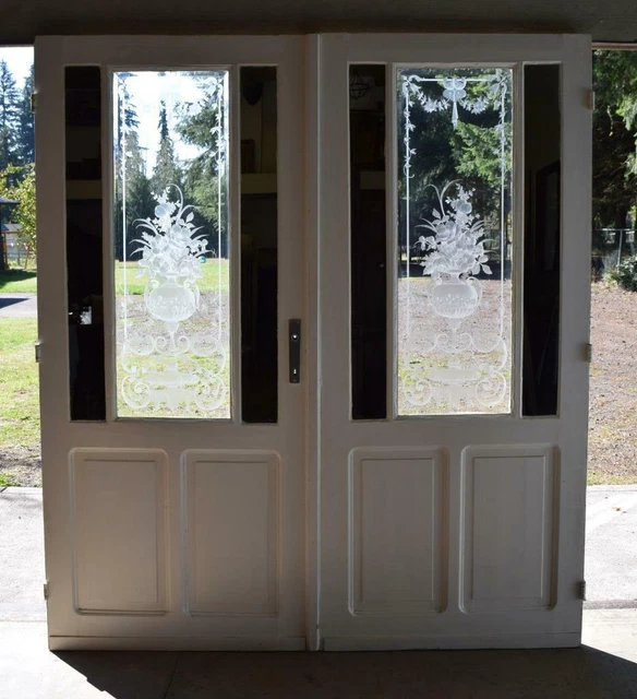 *Pair of Antique French Etched Glass Doors Frosted Stained Glass with Mirrors
