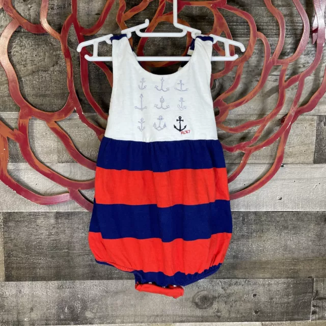 Ralph Lauren Baby Girl SZ 9M Sailor Anchor Blue Red Striped Bubble Romper Infant