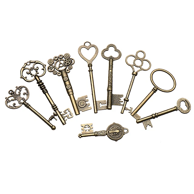 9PCS Antique Vtg Old Brass Skeleton Keys Big Large Lot Cabinet Barrel Lock NEW