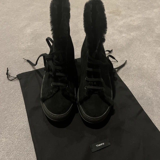 New Theory black suede fur trimmed booties combat boots shoes size 39 New Theory black suede fur trimmed booties combat boots shoes size 39