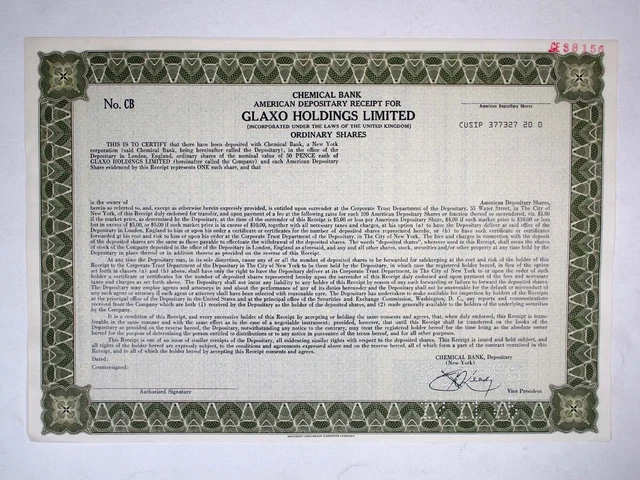 United Kingdom. Glaxo Holdings Limited., 1985. Specimen ADR Cert., XF-AU. S-CBNC
