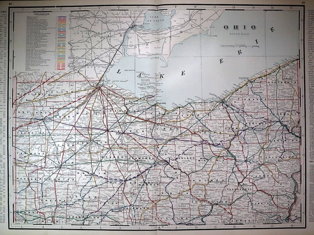 Old 1892 Cram's Railroad Atlas Map ~ NORTHERN OHIO ~ (XLG17x25) #363
