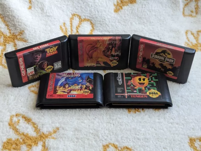 Sega Genesis Lot 5 Games Aladdin Toy Story Lion King Jurassic Ms Pac Authentic