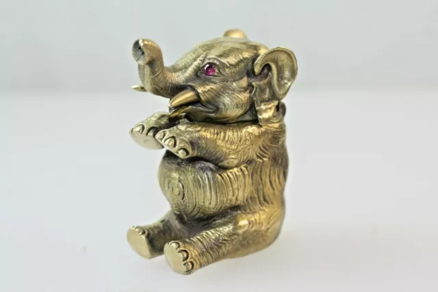 Russian Elephant Baby Brass Match Vesta Case With Ruby Eyes