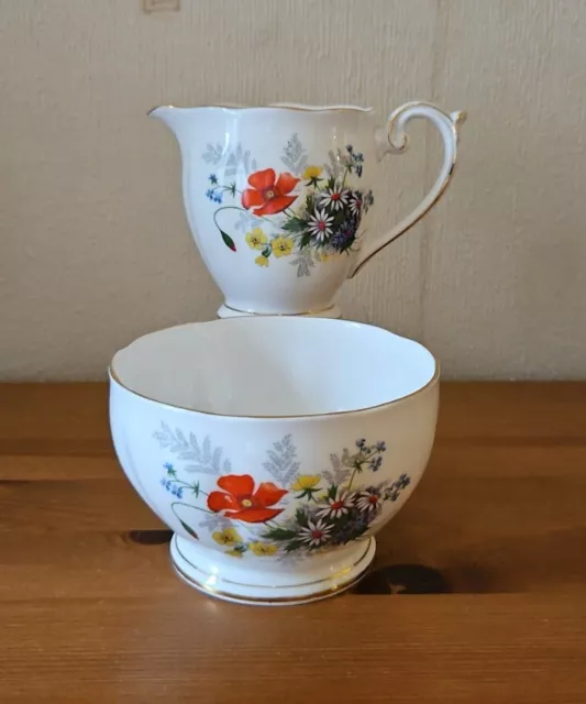 Queen Anne "Summertime" Bone Chine Milk Jug/Creamer & Sugar Bowl