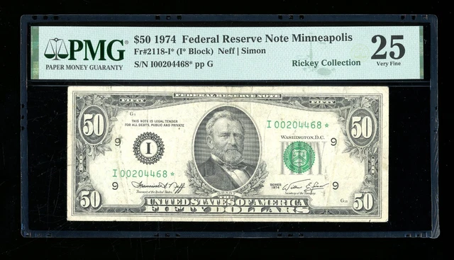 DBR 1974 $50 FRN Minneapolis STAR Fr. 2118-I* PMG 25 Serial I00204468*