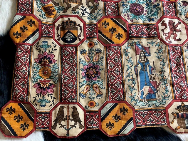 Vintage French Tapestry Wall Hanging Medieval Fleur de Lis Heraldic Emblems 46"