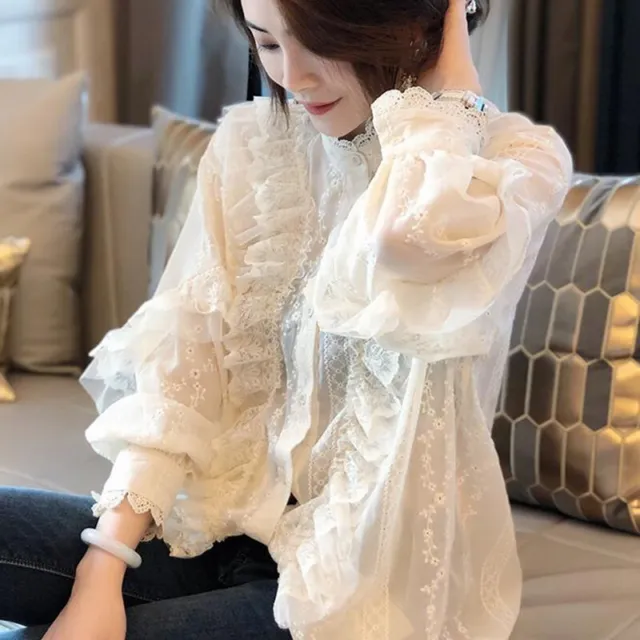 Women Blouse Embroidered Long Puff Sleeve Stand-up Collar Lace Ruffled Shirt Top