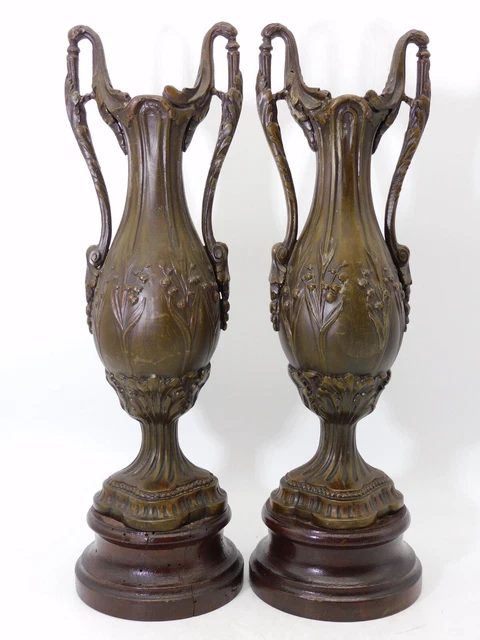 Paire De Vases Art Nouveau En Regule Sur Socle Bois Haut 32Cm A13