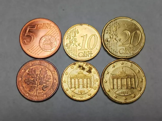 Lot of 3x Euro Cent Coins - Germany 5, 10 and 20 Cents - Dates Will Vary