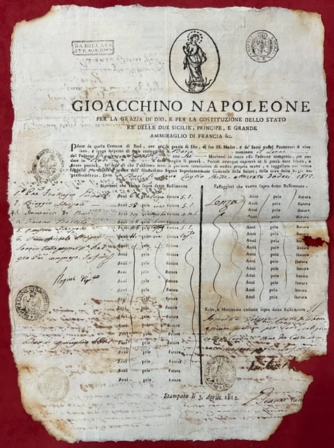 Regno 2 Sicilie Re Gioacchino Napoleone Doc. Sanità 1812 Barletta Rodi Spalato..