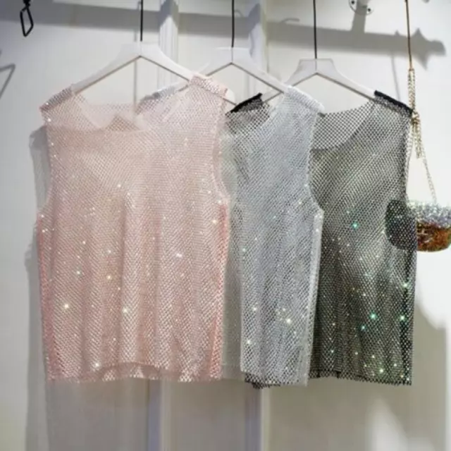 Women Crystal Mesh Vest Camisole Tank Top Glitter Shiny Waistcoat