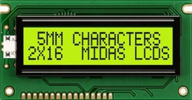 Midas MC21605A6W-SPR-V2 A Alphanumeric LCD Display, 2 Rows by 16 Characters, Ref