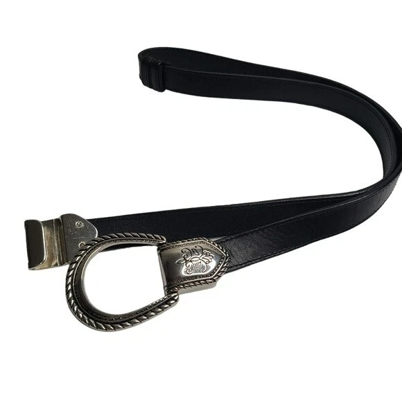 Chico's Genuine Leather Black Clip Belt Silver Western Buckle Preowned