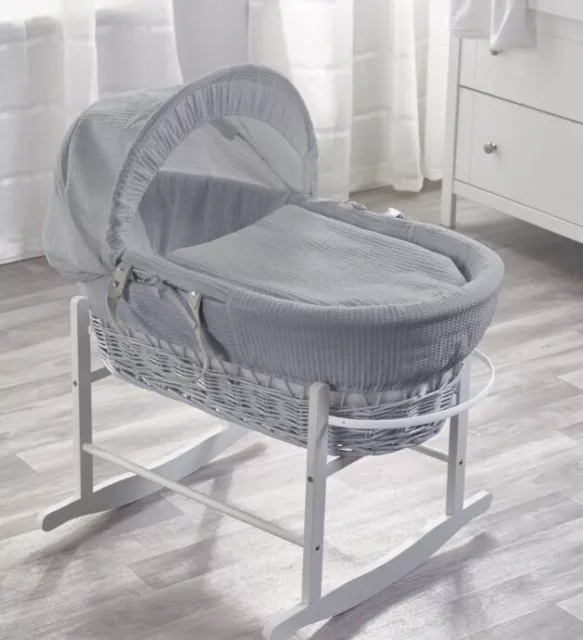 Grey Dimple Wicker Moses Basket With Stand & Bedding Portable Baby Bassinet