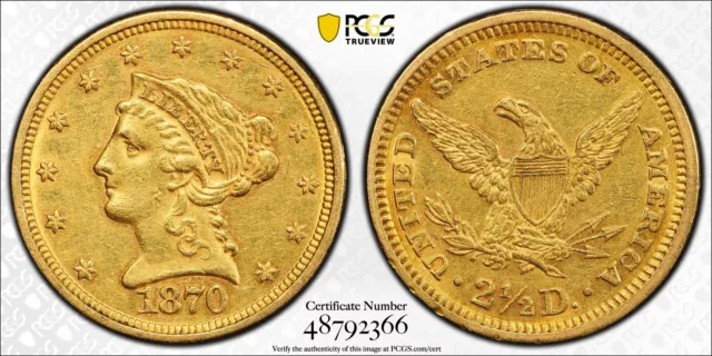 1870 $2.5 Gold Liberty Quarter Eagle Pcgs Au50 - Only 4,520 Minted!