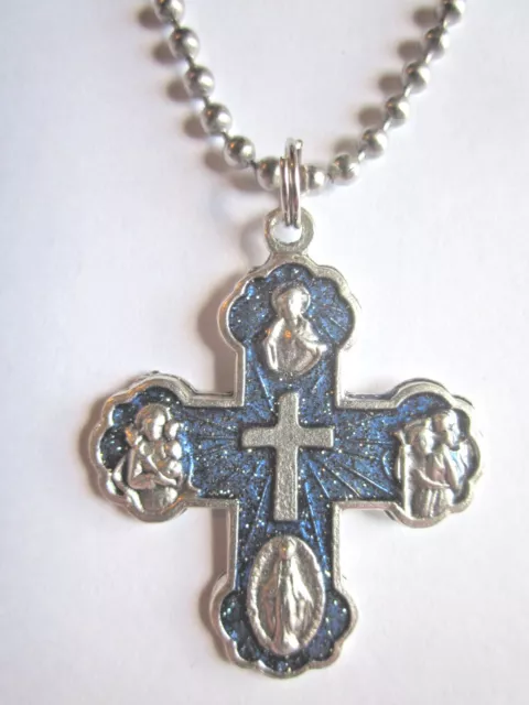 Catholic Five Way Medal Cross 1 3/8" w Blue Enamel Italy Necklace 24" Ball Chain