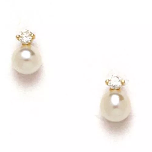 14K Solid Yellow Gold Genuine White Pearl Stud Earrings Screw Back ER-S265